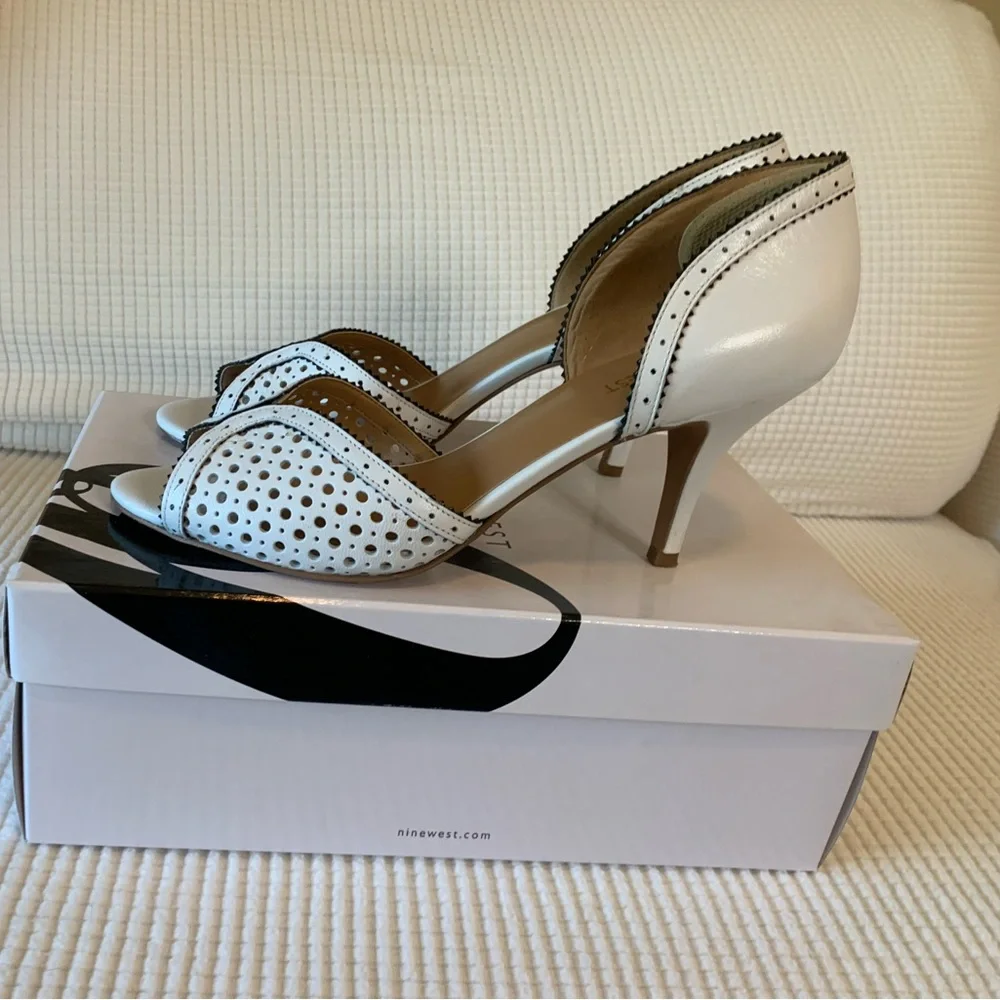 Nine West White Peep-Toe Perforated Leather Heels
